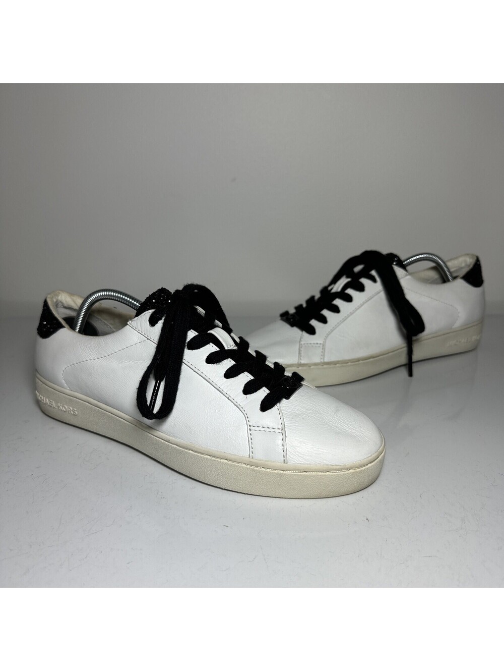 Michael Kors White Leather Black Glitter Irving Sneakers Shoes Women's 9